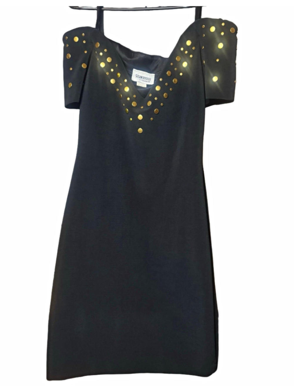 Vintage 80s Susan Roselli Vijack Dress 10 Black Gold Studded Bodycon USA